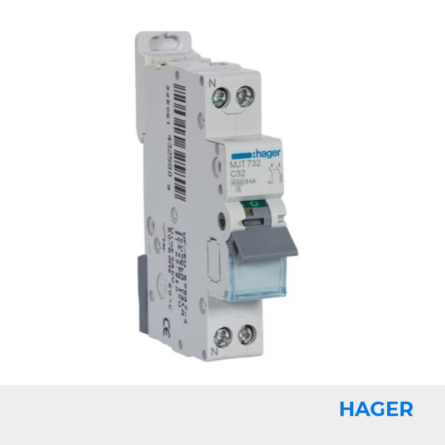 Disjoncteur 32A Hager - 1P+N - 4.5-6kA - courbe C - Réf. MJT732